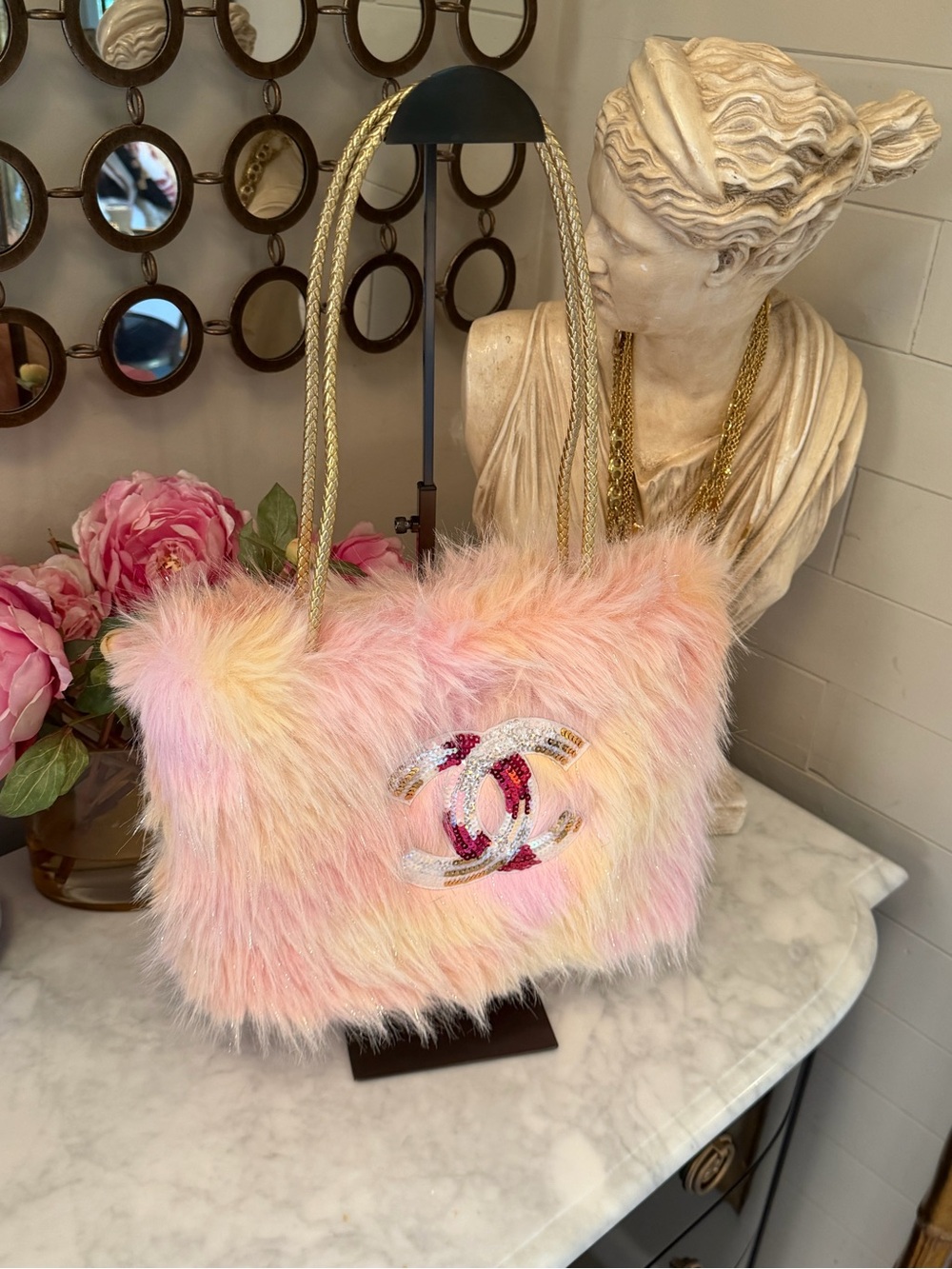 Luxury Pink ombré Faux-Fur Tote Bag w Embellished Logo NWOT top handles